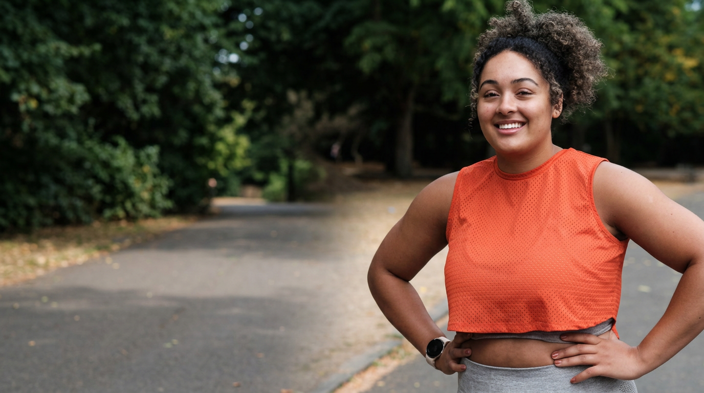 A smiling woman in athletic wear standing on the right side of a park path